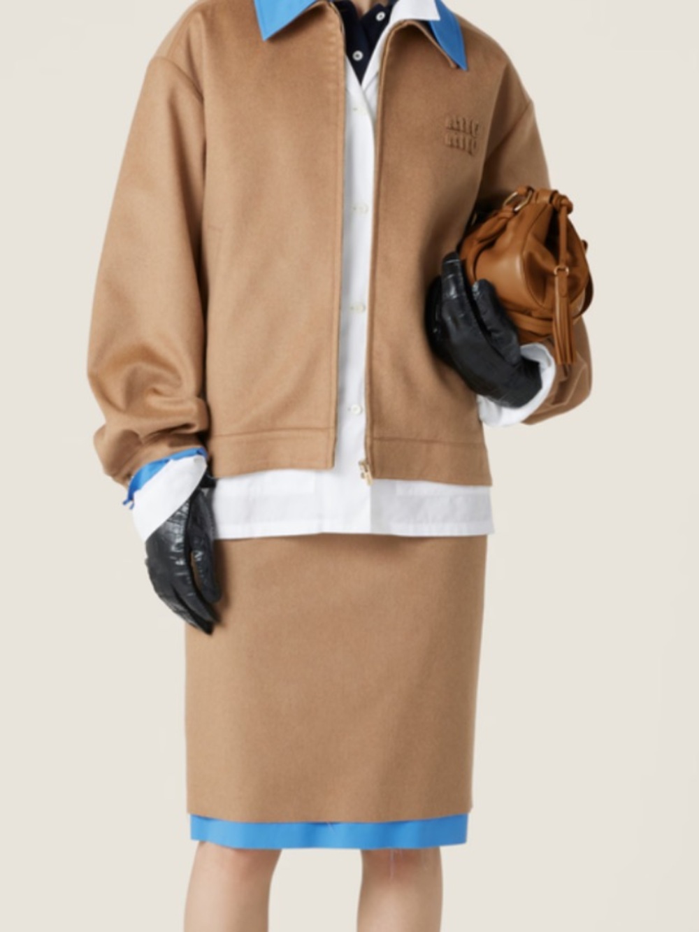 Miu Miu Camel Brown Women’s Blouson Jacket with Blue Collar Trim